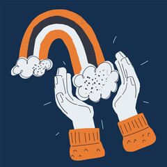 Cartoon vector illustration of a rainbow descending into a woman&rsquo;s hands, symbolizing hope you can finally hold against dark background