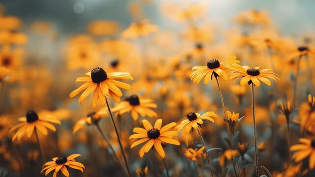 Yellow Black-eyed Susans, flowers (Rudbeckia hirta) bloom in a sunlit field, showing warm summer nature and peaceful countryside scenery