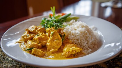 A plate of chicken curry is presented alongside fluffy white rice and fresh vegetables. The dish features vibrant colors and rich flavors perfect for a satisfying meal.