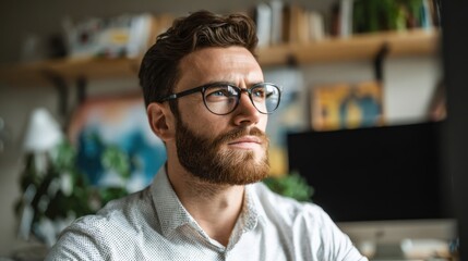 Obraz premium A young man with a beard and glasses sits in a comfortable home office. He looks thoughtfully ahead surrounded by plants and books in the background. Natural light fills the room.