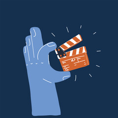 Cartoon vector illustration of a hand holding a clapperboard, symbolizing creativity and the beginning of a cinematic journey against dark background