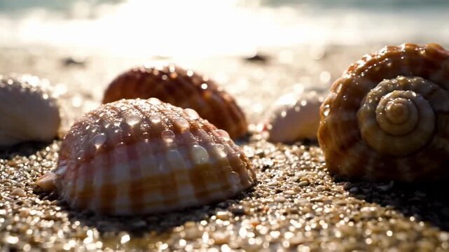 Close-up of seashells on sandy beach with sunlight glistening.