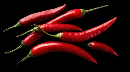 Bold shiny red chili peppers are artistically arranged on a black surface. Their smooth skin and elongated shape highlight their freshness and appeal. Ideal for any culinary use.