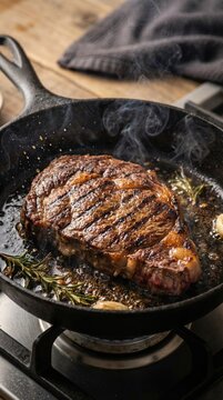 sizzling steak in cast iron skillet with garlic and rosemary on rustic wooden table