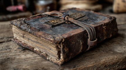 Obraz premium A worn leather-bound book rests on a weathered wooden table. The room is filled with vintage tools giving an old-world charm. Dust dances in the soft light enhancing the scenes atmosphere.