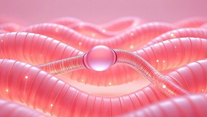 Abstract Pink Microscopic View of Collagen Fibers or Tissue with Glowing Nodes