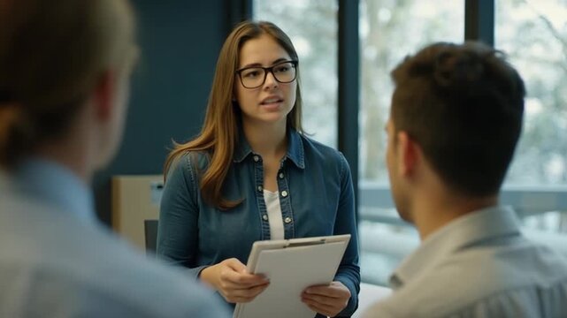 Woman with clipboard feeling embarrassed during business meeting in office.