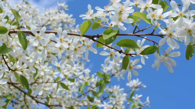 White spring blossoms bloom on a serviceberry tree branch against a clear blue sky, showing fresh nature and seasonal beauty
