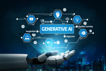 Obraz premium Explore the concept of generative AI technology illustrated by a robotic hand showcasing digital art and insights into machine learning, symbolizing future innovations. Tessel