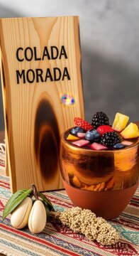Traditional Ecuadorian Colada Morada Spiced Berry Drink in Burnished Clay Cup with Otavalo Pano Mat