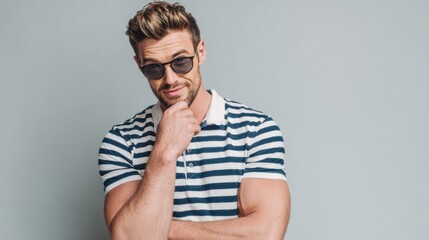 Obraz premium A fashionable man stands with a thoughtful expression wearing sunglasses and a striped shirt. He exudes a relaxed vibe and confidence posing indoors against a light-colored wall.