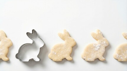 bunny shaped cookie cutter with dough on white table during easter holiday preparation