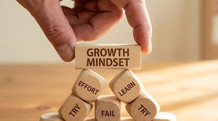 Hand placing growth mindset wooden block.