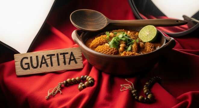 Traditional Ecuadorian Guatita Tripe Stew in Peanut Sauce with Red Sanjuanero Fabric