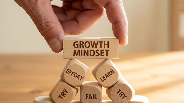 Hand placing growth mindset wooden block.