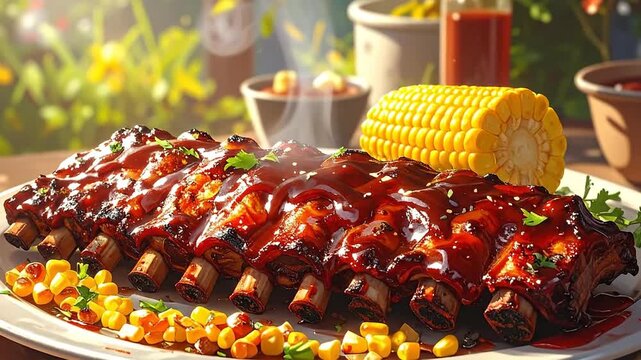Delicious barbecue ribs with corn on the cob, perfect for summer grilling.