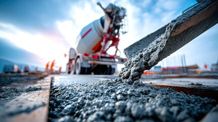Fototapeta premium Construction Site with Concrete Mixer and Freshly Poured Concrete