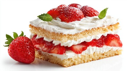 Layers of fluffy cake filled with whipped cream and fresh strawberries create a delightful dessert. Garnished with mint leaves it looks appetizing and inviting.