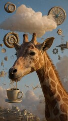 A giraffe with a spiral-shaped neck drinking coffee from a rain cloud, while clocks melt into smiles