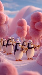 Penguins playing musical instruments made of carrots in a pink desert with cotton candy trees.