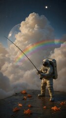 An astronaut fishing for goldfish in a puddle in the middle of the sky, using a rod made of rainbows
