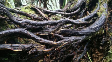Intricate patterns of dark tangled roots are visible on the forest floor highlighting the beauty of nature. Dew glistens on the roots as the early morning light filters through foliage.