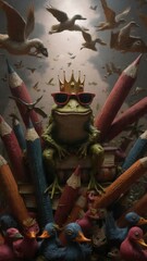 A frog king sitting on a throne of giant pencils, surrounded by flying ducks wearing sunglasses