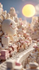 A train made of marshmallows traversing a city of melting toys under a smiling sun, surreal silliness, cute absurdity, soft lighting.