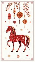 Chinese New Year 2026, Year of the Fire Horse, fire horse in red and gold tones, Chinese lanterns and festive ornaments, minimal background, flat illustration