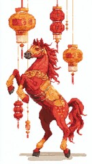 Pixel art illustration for Chinese New Year 2026, Year of the Fire Horse, fire horse in red and gold colors simple background