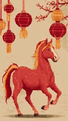 Pixel art illustration for Chinese New Year 2026, Year of the Fire Horse, fire horse in red and gold colors simple background