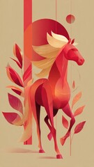 Year of the Fire Horse, stylized fire horse, flat design with soft gradients, modern Chinese
