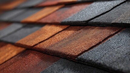Close-up view of roof shingles in shades of gray orange and brown showcasing the texture and materials used in residential construction.