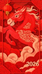 illustration for Chinese New Year 2026, Year of the Fire Horse, layered red paper textures