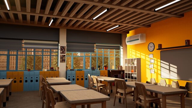 University campus building with classroom prepared for pupils academic lessons. Golden hour light lightning empty elementary school classroom with wooden desks prepared for students to sit and learn