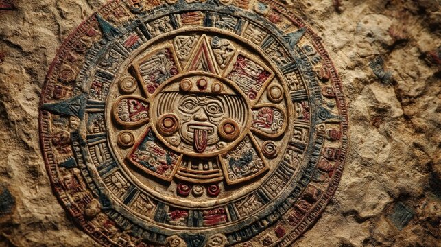 An ancient Mayan calendar is displayed on a stone surface revealing detailed carvings and colorful symbols. This historical artifact reflects the culture and artistry of the Mayan civilization.