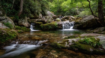 Obraz premium Flowing water creates small waterfalls among lush green rocks in a peaceful forest. Soft sunlight filters through the trees enhancing the natural beauty.