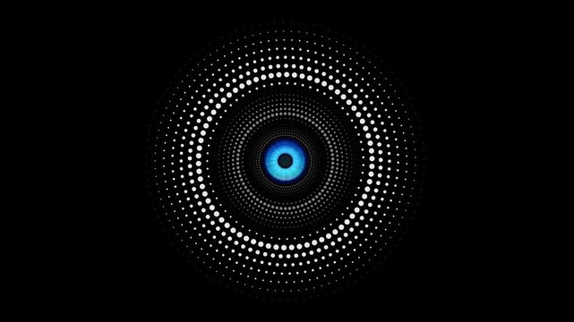 A hypnotic blue eye with rotating concentric circles of dots pointing in opposite directions.