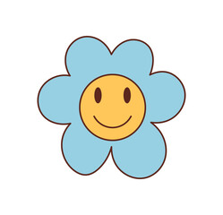 Fototapeta premium Groovy retro flower with happy smile in cartoon graphic style. Blue and yellow cute groovy element, positive and playful y2k retro motif. Cheerful illustration for modern creative concepts.