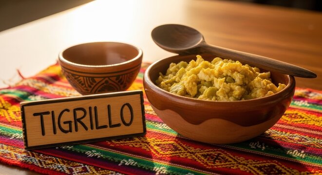 Traditional Ecuadorian Tigrillo Plantain and Egg Mash in Rustic Bowl with Sanjuanero Fabric