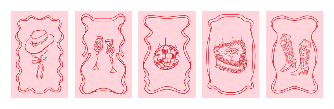 Hand drawn whimsical vertical greeting card templates with playful doodle elements. Elegant frames with bows and ribbons, western cowboy mood coquette charm, trendy celebratory sketch style