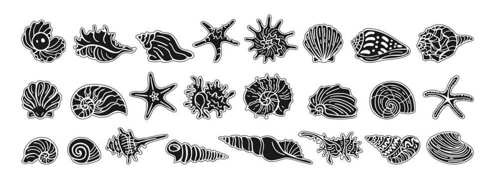 Various seashells and starfish ink silhouette style sticker set hand drawn vector illustration. Summer ocean beach theme marine isolated elements coastal vacation tropical nautical sticker design