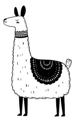 Fototapeta premium Hand drawn line art illustration of a llama depicting a standing animal with a decorative saddle for children's designs