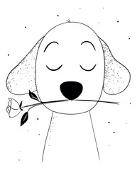Hand drawn line art illustration of a dog depicting a romantic gesture with a rose for valentine's day
