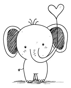 Hand drawn line art illustration of a cute baby elephant depicting holding a heart balloon for valentine's day or baby shower designs