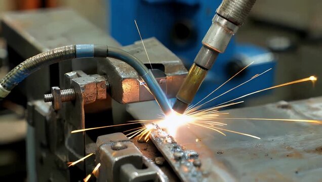 Ultra high quality 4K close up footage of MIG welding action metal pieces clamped together with sparks flying emphasizing precision texture industrial craftsmanship technical industrial 