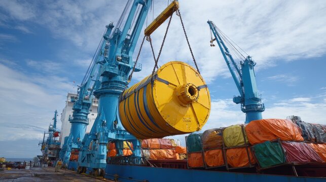 A bright yellow cylindrical object is being lifted by a crane onto a cargo ship at a busy port. Colorful containers are stacked beneath a clear sky showcasing an active shipping operation.