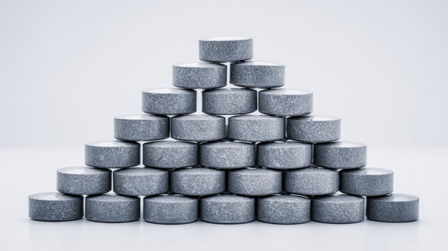 Hockey puck puck stack pyramid rubber gray studio white background stacked sports equipment forming symmetrical pyramid minimal still life with copy space for strategy or training