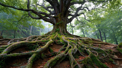 Obraz premium Ancient tree exposed root moss forest woodland mist green foliage wilderness surround massive trunk with twisting root system on damp soil under broad canopy in humid morning light