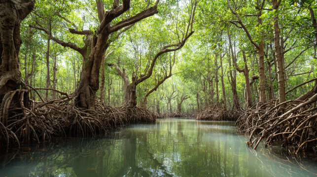 Mangrove forest river water root tree swamp tropical landscape with calm lagoon, tangled aerial root, green canopy, natural wetland habitat, serene travel nature background
